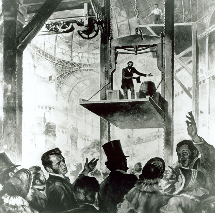 A drawing of a man on a platform above a crowd.